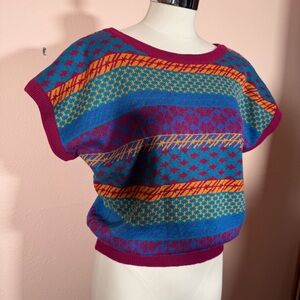 Vintage 1970 Ship’nshore burgundy red teal Stripe Short batwing Cropped sweater